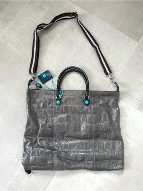 Gray Croc-Embossed GABS Leather Tote with Removable Strap